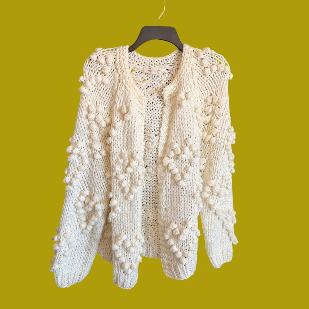 Entro Cream Chunky Knit Bobble Heart Cardigan Sweater Small Ivory Open Front